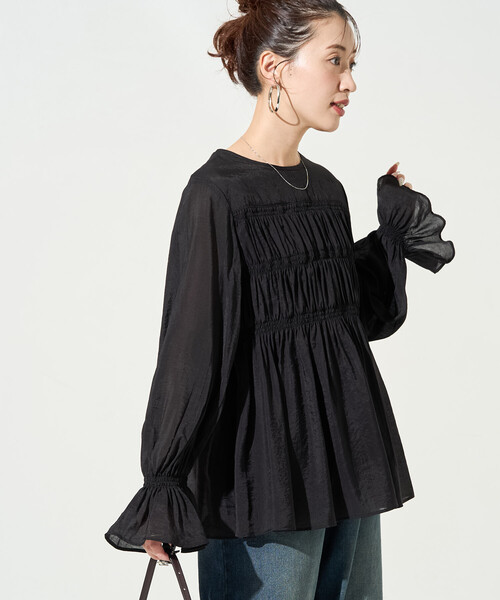FREAK'S STORE（フリークスストア）の「限定展開　シアー ギャザー フリル袖 ロングスリーブ ブラウス（シャツ/ブラウス・レディース・ナチュラル/ブラック/ブルーグレー/ライトグリーン・ﾌﾘ-）」の17枚目の写真