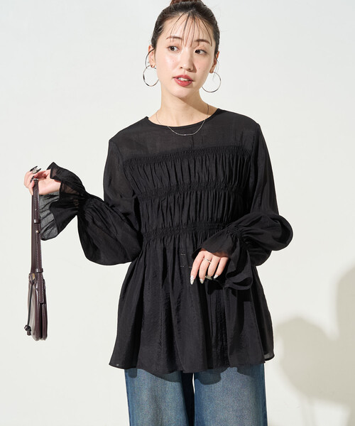 FREAK'S STORE（フリークスストア）の「限定展開　シアー ギャザー フリル袖 ロングスリーブ ブラウス（シャツ/ブラウス・レディース・ナチュラル/ブラック/ブルーグレー/ライトグリーン・ﾌﾘ-）」の18枚目の写真