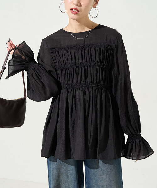 FREAK'S STORE（フリークスストア）の「限定展開　シアー ギャザー フリル袖 ロングスリーブ ブラウス（シャツ/ブラウス・レディース・ナチュラル/ブラック/ブルーグレー/ライトグリーン・ﾌﾘ-）」の22枚目の写真