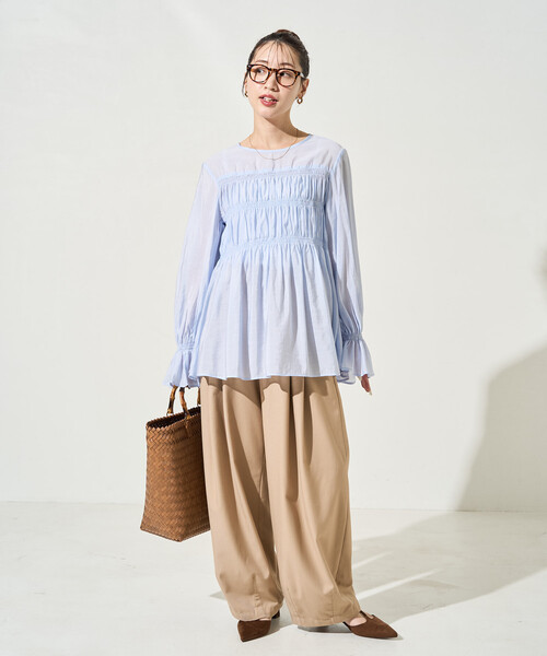 FREAK'S STORE（フリークスストア）の「限定展開　シアー ギャザー フリル袖 ロングスリーブ ブラウス（シャツ/ブラウス・レディース・ナチュラル/ブラック/ブルーグレー/ライトグリーン・ﾌﾘ-）」の18枚目の写真