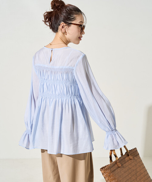 FREAK'S STORE（フリークスストア）の「限定展開　シアー ギャザー フリル袖 ロングスリーブ ブラウス（シャツ/ブラウス・レディース・ナチュラル/ブラック/ブルーグレー/ライトグリーン・ﾌﾘ-）」の8枚目の写真