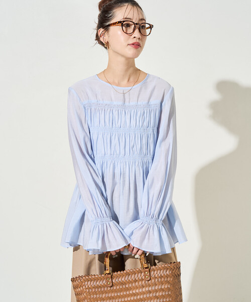 FREAK'S STORE（フリークスストア）の「限定展開　シアー ギャザー フリル袖 ロングスリーブ ブラウス（シャツ/ブラウス・レディース・ナチュラル/ブラック/ブルーグレー/ライトグリーン・ﾌﾘ-）」の19枚目の写真