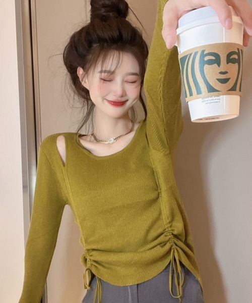 Ritzy(リッツィー)の「肩見せリブニットトップス(Tシャツ/カットソー・レディース・グリーン/ベージュ/ブラック・FREE)」の6枚目の写真