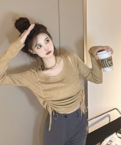 Ritzy(リッツィー)の「肩見せリブニットトップス(Tシャツ/カットソー・レディース・グリーン/ベージュ/ブラック・FREE)」の9枚目の写真