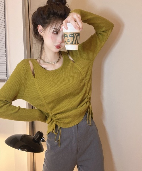 Ritzy(リッツィー)の「肩見せリブニットトップス(Tシャツ/カットソー・レディース・グリーン/ベージュ/ブラック・FREE)」の12枚目の写真