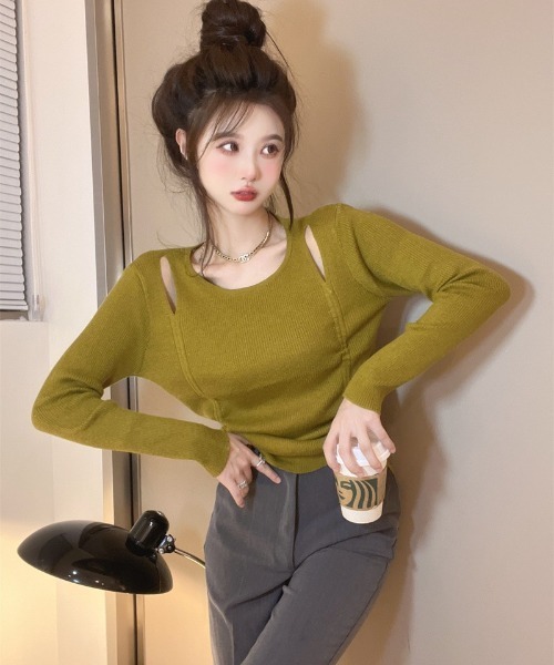 Ritzy(リッツィー)の「肩見せリブニットトップス(Tシャツ/カットソー・レディース・グリーン/ベージュ/ブラック・FREE)」の14枚目の写真