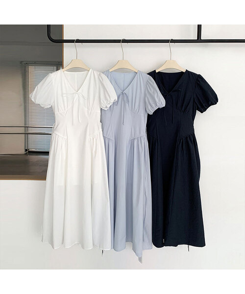 VASCARA(バスカラ)の「Shirring Puff Ribbon Long Dress (3colors)(ワンピース・レディース・スカイブルー/ホワイト・FREE)」の2枚目の写真