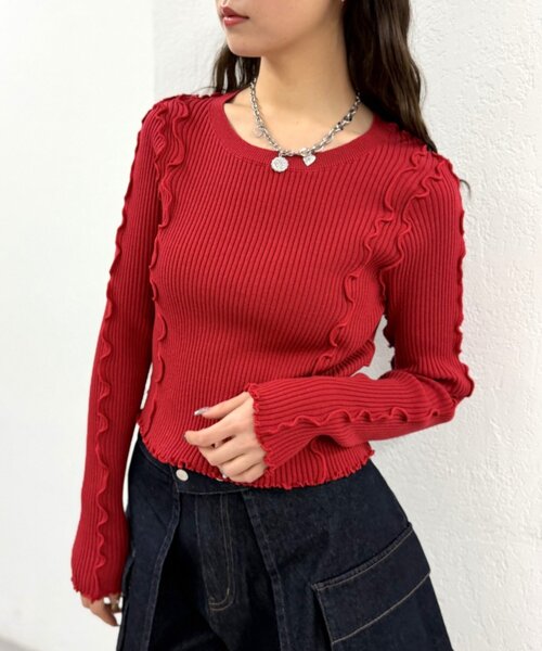 w closet(ダブルクローゼット)の「メローリブニット(ニット/セーター・レディース・ブラック/アイボリー/レッド/グリーン/オレンジ/ブルー/チャコールグレー・FREE)」の6枚目の写真