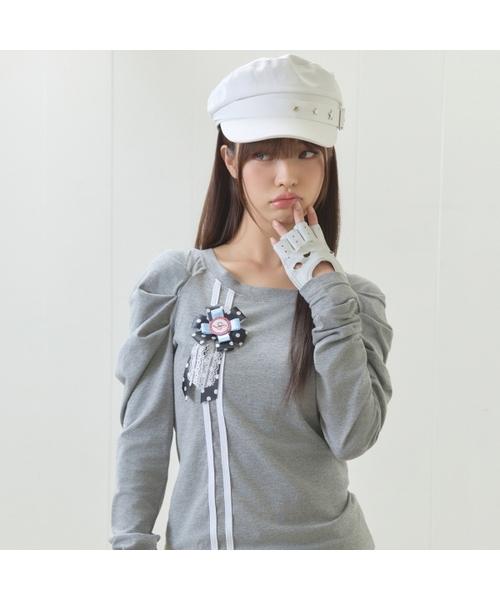 セール】EL ROSETTE SHIRRING TEE(GRAY)（Tシャツ/カットソー