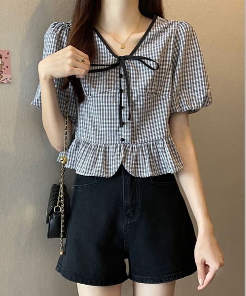 kirakiraShop(キラキラショップ)の「ギンガム チェック ペプラム ブラウス 半袖(シャツ/ブラウス・レディース・ブルー/ブラック/グリーン・FREE)」の9枚目の写真