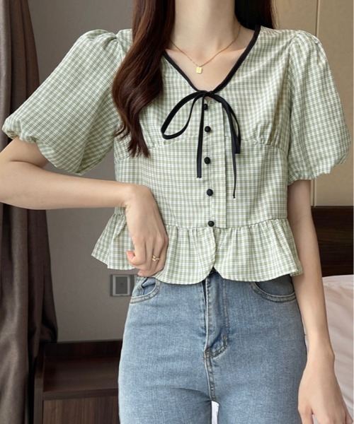 kirakiraShop(キラキラショップ)の「ギンガム チェック ペプラム ブラウス 半袖(シャツ/ブラウス・レディース・ブルー/ブラック/グリーン・FREE)」の11枚目の写真