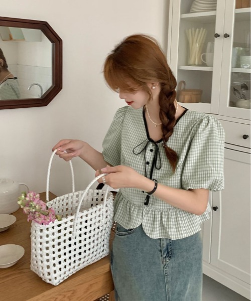 kirakiraShop(キラキラショップ)の「ギンガム チェック ペプラム ブラウス 半袖(シャツ/ブラウス・レディース・ブルー/ブラック/グリーン・FREE)」の14枚目の写真