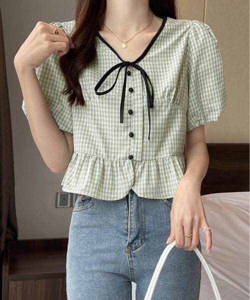 kirakiraShop(キラキラショップ)の「ギンガム チェック ペプラム ブラウス 半袖(シャツ/ブラウス・レディース・ブルー/ブラック/グリーン・FREE)」の16枚目の写真