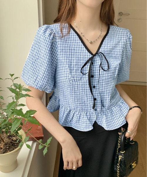 kirakiraShop(キラキラショップ)の「ギンガム チェック ペプラム ブラウス 半袖(シャツ/ブラウス・レディース・ブルー/ブラック/グリーン・FREE)」の18枚目の写真