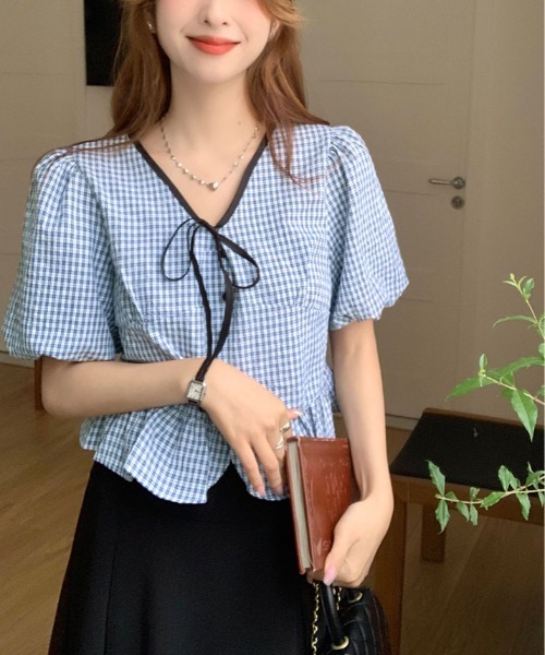 kirakiraShop(キラキラショップ)の「ギンガム チェック ペプラム ブラウス 半袖(シャツ/ブラウス・レディース・ブルー/ブラック/グリーン・FREE)」の19枚目の写真