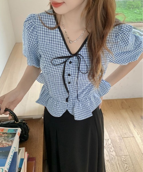 kirakiraShop(キラキラショップ)の「ギンガム チェック ペプラム ブラウス 半袖(シャツ/ブラウス・レディース・ブルー/ブラック/グリーン・FREE)」の22枚目の写真