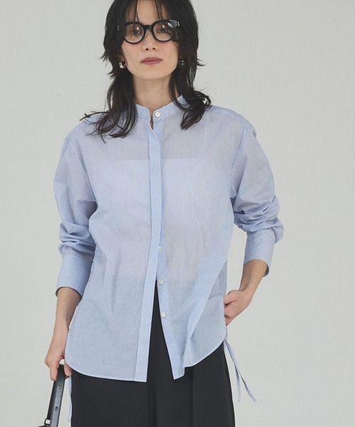 qualite（カリテ）の「ウエストドロストシャツ/春服/夏服/オフィスカジュアル（シャツ/ブラウス・レディース・スモークピンク/オフホワイト/ストライプ・フリー）」の3枚目の写真