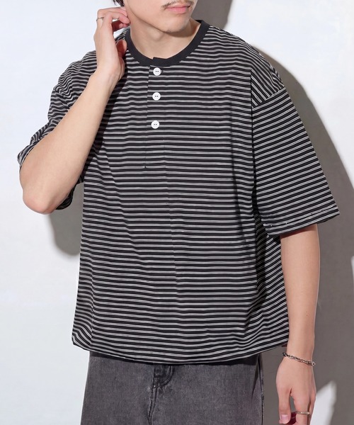 Healthknit(ヘルスニット)の「【Healthknit】26SS Classic Border Jersey Wide Henleyneck S/S 51048(Tシャツ/カットソー・メンズ・パープル/ブラック・XL/L/M)」の2枚目の写真