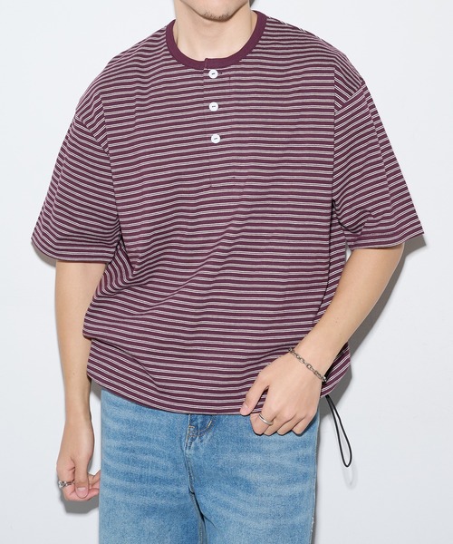 Healthknit(ヘルスニット)の「【Healthknit】26SS Classic Border Jersey Wide Henleyneck S/S 51048(Tシャツ/カットソー・メンズ・パープル/ブラック・XL/L/M)」の3枚目の写真