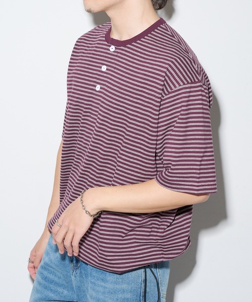 Healthknit(ヘルスニット)の「【Healthknit】26SS Classic Border Jersey Wide Henleyneck S/S 51048(Tシャツ/カットソー・メンズ・パープル/ブラック・XL/L/M)」の4枚目の写真