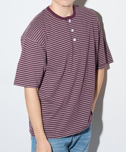 Healthknit(ヘルスニット)の「【Healthknit】26SS Classic Border Jersey Wide Henleyneck S/S 51048(Tシャツ/カットソー・メンズ・パープル/ブラック・XL/L/M)」の5枚目の写真