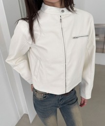 4INT.（フォイント）の「ノーカラー レザー ジップアップ クロップド レザー バイカー ジャケット（ライダースジャケット）」