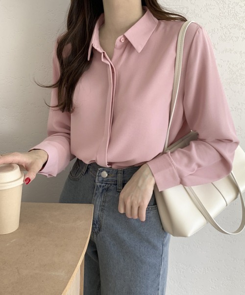 Miniministore(ミニミニストア)の「シャツブラウス 隠しボタン ブラウス長袖(シャツ/ブラウス・レディース・ホワイト/ブルーグリーン/ブラック/ライトベージュ/ピンク・FREE)」の5枚目の写真