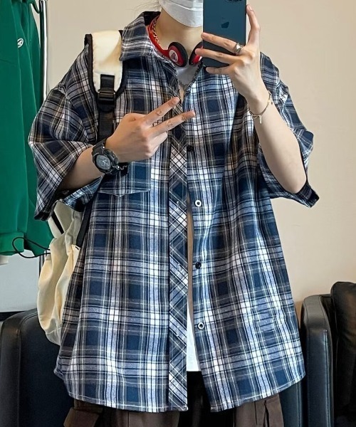 link lot(リンクロット)の「オーバーサイズ ネルチェック ビッグシルエット半袖シャツ(シャツ/ブラウス・メンズ・ネイビー/ブラウン・L/M)」の5枚目の写真