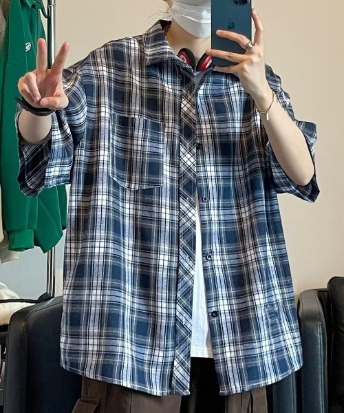 link lot(リンクロット)の「オーバーサイズ ネルチェック ビッグシルエット半袖シャツ(シャツ/ブラウス・メンズ・ネイビー/ブラウン・L/M)」の6枚目の写真