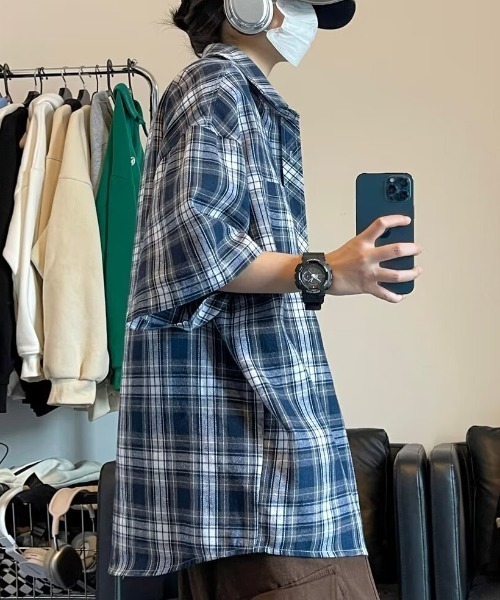 link lot(リンクロット)の「オーバーサイズ ネルチェック ビッグシルエット半袖シャツ(シャツ/ブラウス・メンズ・ネイビー/ブラウン・L/M)」の7枚目の写真