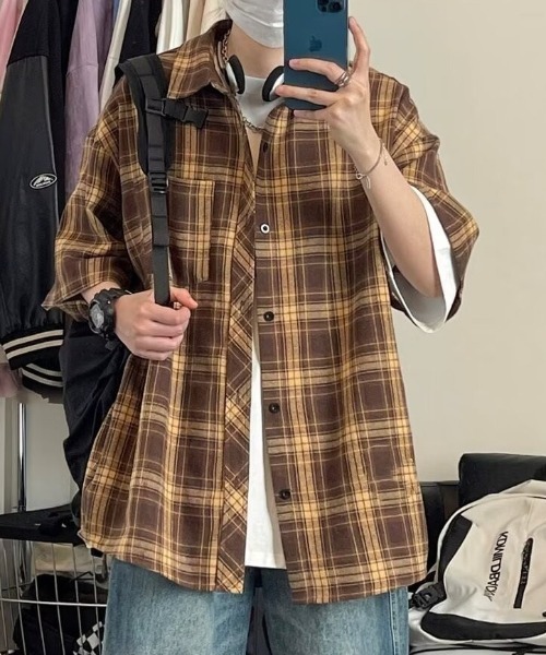 link lot(リンクロット)の「オーバーサイズ ネルチェック ビッグシルエット半袖シャツ(シャツ/ブラウス・メンズ・ネイビー/ブラウン・L/M)」の3枚目の写真