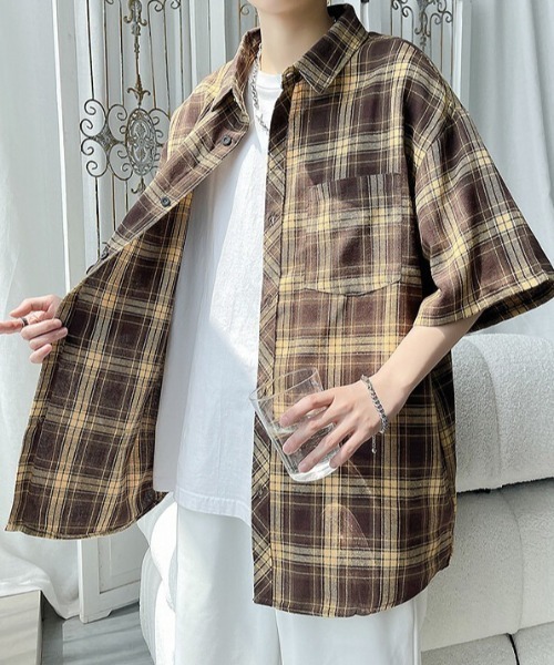 link lot(リンクロット)の「オーバーサイズ ネルチェック ビッグシルエット半袖シャツ(シャツ/ブラウス・メンズ・ネイビー/ブラウン・L/M)」の9枚目の写真