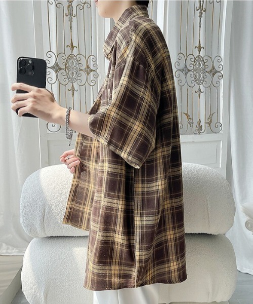 link lot(リンクロット)の「オーバーサイズ ネルチェック ビッグシルエット半袖シャツ(シャツ/ブラウス・メンズ・ネイビー/ブラウン・L/M)」の10枚目の写真