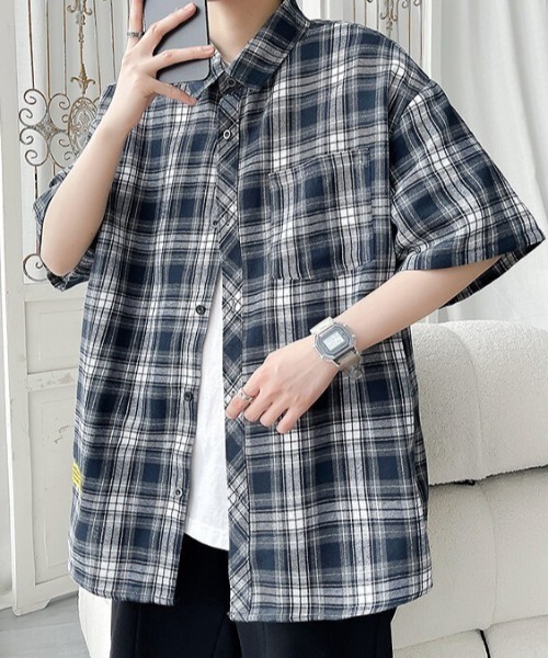 link lot(リンクロット)の「オーバーサイズ ネルチェック ビッグシルエット半袖シャツ(シャツ/ブラウス・メンズ・ネイビー/ブラウン・L/M)」の12枚目の写真