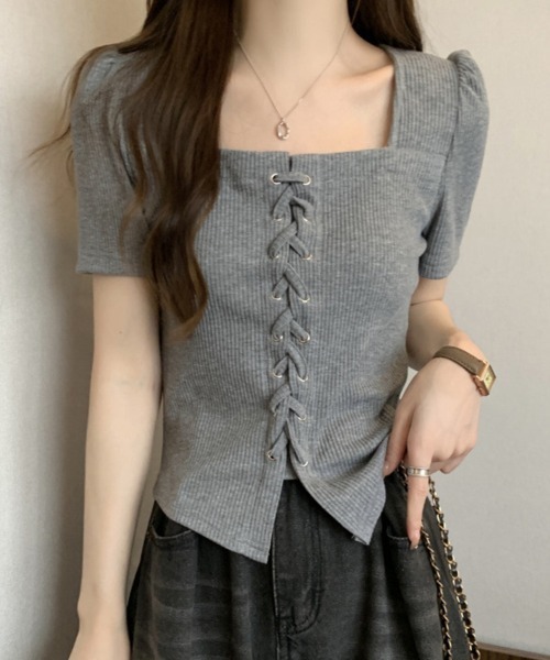 mielu(ミエル)の「レースアップ半袖トップス(Tシャツ/カットソー・レディース・グレー/ブラック・LARGE/MEDIUM)」の2枚目の写真
