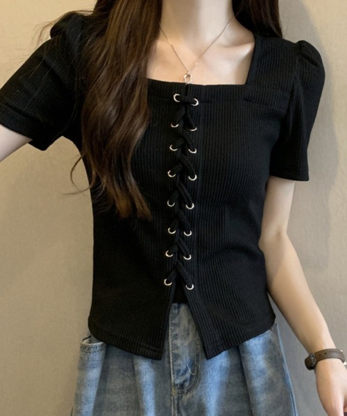 mielu(ミエル)の「レースアップ半袖トップス(Tシャツ/カットソー・レディース・グレー/ブラック・LARGE/MEDIUM)」の1枚目の写真