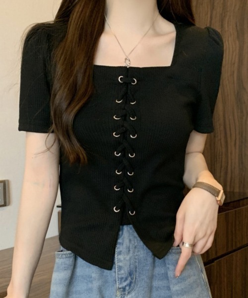 mielu(ミエル)の「レースアップ半袖トップス(Tシャツ/カットソー・レディース・グレー/ブラック・LARGE/MEDIUM)」の12枚目の写真