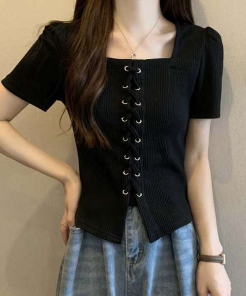 mielu(ミエル)の「レースアップ半袖トップス(Tシャツ/カットソー・レディース・グレー/ブラック・LARGE/MEDIUM)」の11枚目の写真