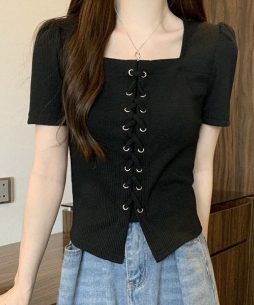 mielu(ミエル)の「レースアップ半袖トップス(Tシャツ/カットソー・レディース・グレー/ブラック・LARGE/MEDIUM)」の10枚目の写真