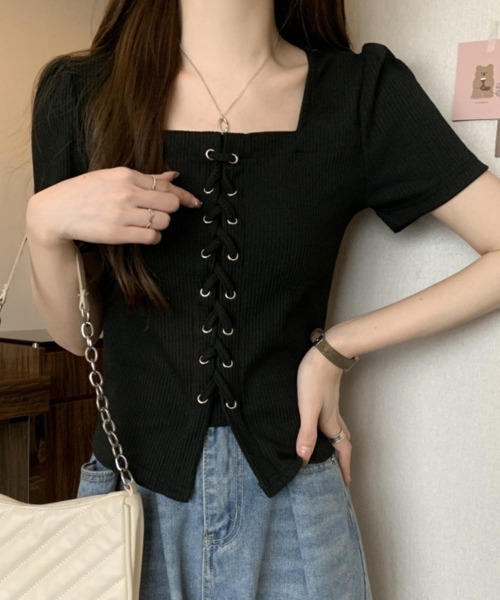 mielu(ミエル)の「レースアップ半袖トップス(Tシャツ/カットソー・レディース・グレー/ブラック・LARGE/MEDIUM)」の9枚目の写真
