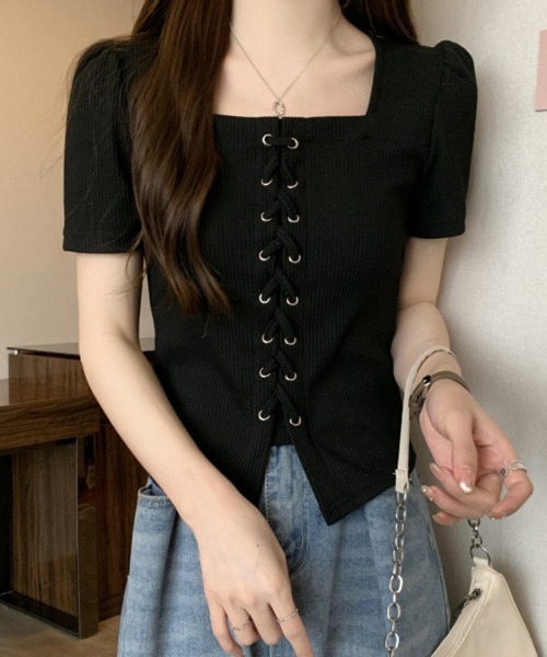 mielu(ミエル)の「レースアップ半袖トップス(Tシャツ/カットソー・レディース・グレー/ブラック・LARGE/MEDIUM)」の8枚目の写真