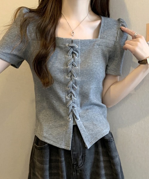 mielu(ミエル)の「レースアップ半袖トップス(Tシャツ/カットソー・レディース・グレー/ブラック・LARGE/MEDIUM)」の7枚目の写真