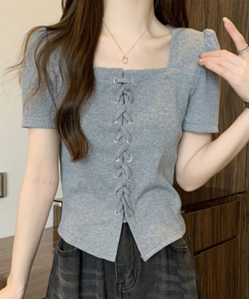 mielu(ミエル)の「レースアップ半袖トップス(Tシャツ/カットソー・レディース・グレー/ブラック・LARGE/MEDIUM)」の6枚目の写真