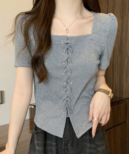 mielu(ミエル)の「レースアップ半袖トップス(Tシャツ/カットソー・レディース・グレー/ブラック・LARGE/MEDIUM)」の5枚目の写真