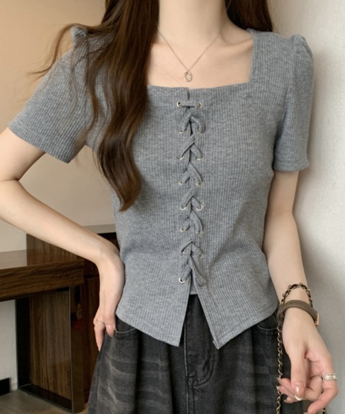 mielu(ミエル)の「レースアップ半袖トップス(Tシャツ/カットソー・レディース・グレー/ブラック・LARGE/MEDIUM)」の4枚目の写真