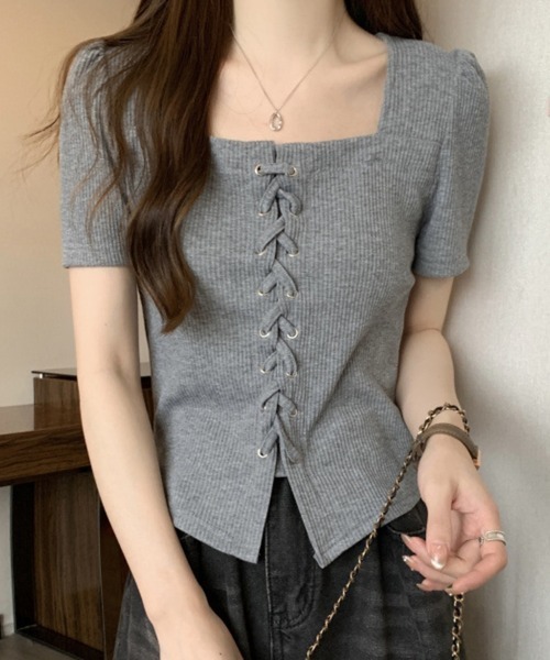 mielu(ミエル)の「レースアップ半袖トップス(Tシャツ/カットソー・レディース・グレー/ブラック・LARGE/MEDIUM)」の3枚目の写真
