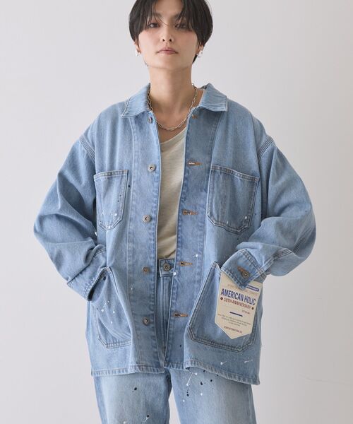 AMERICAN HOLIC（アメリカンホリック）の「ペイントデニムカバーオールジャケット（デニムジャケット・レディース・ライトインディゴブルー/インディゴブルー/ホワイト・FREE）」の5枚目の写真