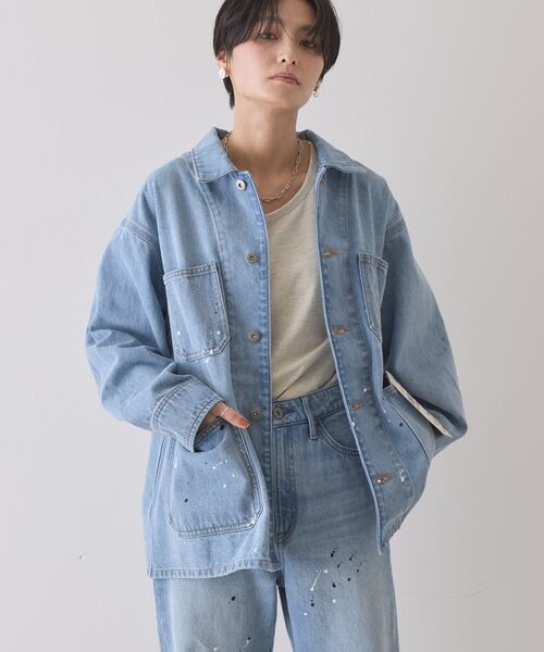 AMERICAN HOLIC（アメリカンホリック）の「ペイントデニムカバーオールジャケット（デニムジャケット・レディース・ライトインディゴブルー/インディゴブルー/ホワイト・FREE）」の7枚目の写真