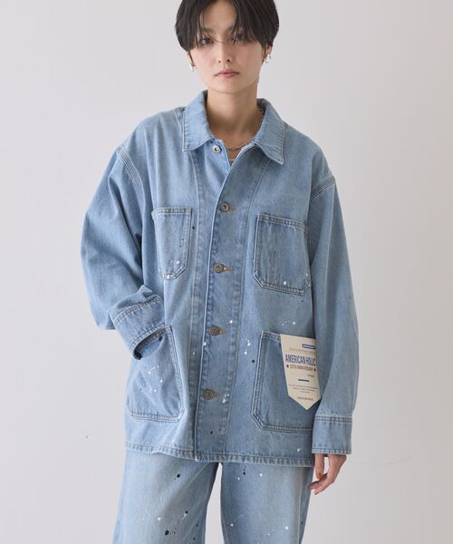 AMERICAN HOLIC（アメリカンホリック）の「ペイントデニムカバーオールジャケット（デニムジャケット・レディース・ライトインディゴブルー/インディゴブルー/ホワイト・FREE）」の9枚目の写真