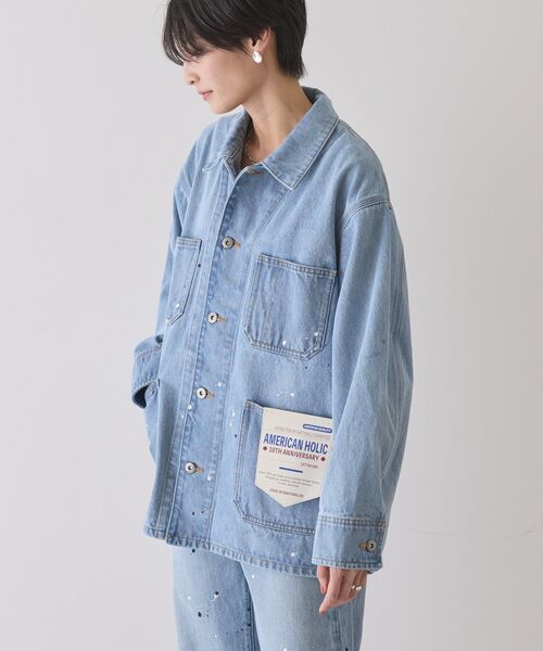 AMERICAN HOLIC（アメリカンホリック）の「ペイントデニムカバーオールジャケット（デニムジャケット・レディース・ライトインディゴブルー/インディゴブルー/ホワイト・FREE）」の10枚目の写真